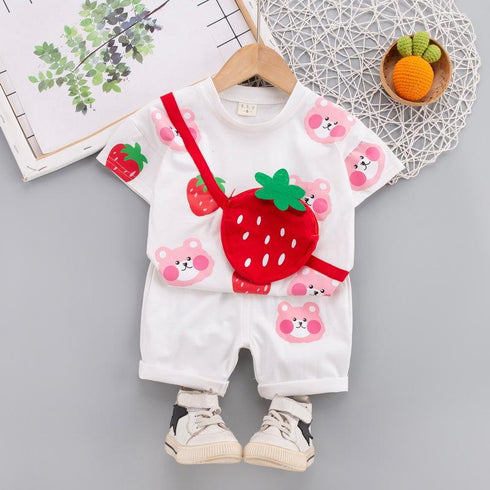 Round neck floral strawberry strap two piece short sleeve suit